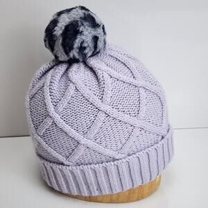Faux Fur Removeable Pom-Pom Gray & Black on Purple Cable Knit Cuffed Beanie OSFM